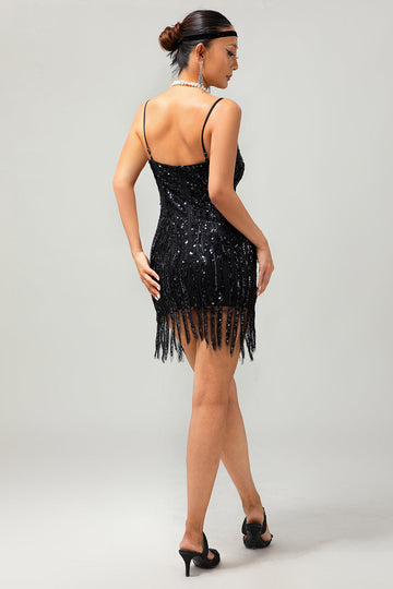 Sparkly Black Sequin Gatsby vestido curto dos anos 1920 com franjas